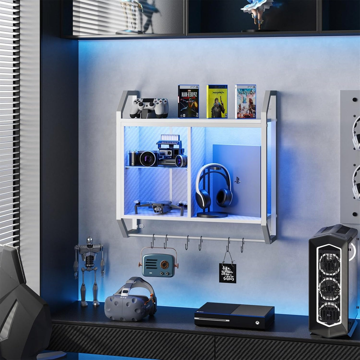 Bestier LED Gaming Floating Shelves for Wall, 25" Wall Mounted Shelf Pipe Adjustable Glass Shelves
