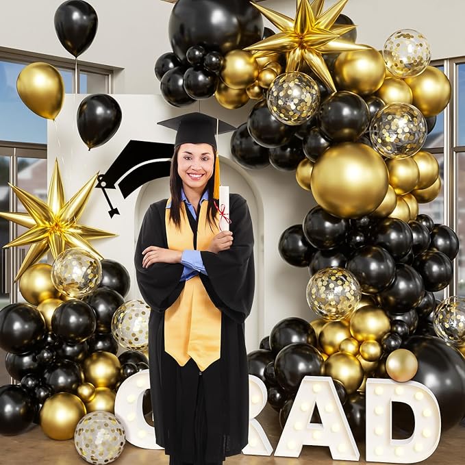 Black Gold Balloon Arch Kit Graduation Decorations 2026, 130Pcs Black and Gold Balloons and Foil Star Balloon with Confetti Ribbons Grad Party Decorations for College High School Class of 2026