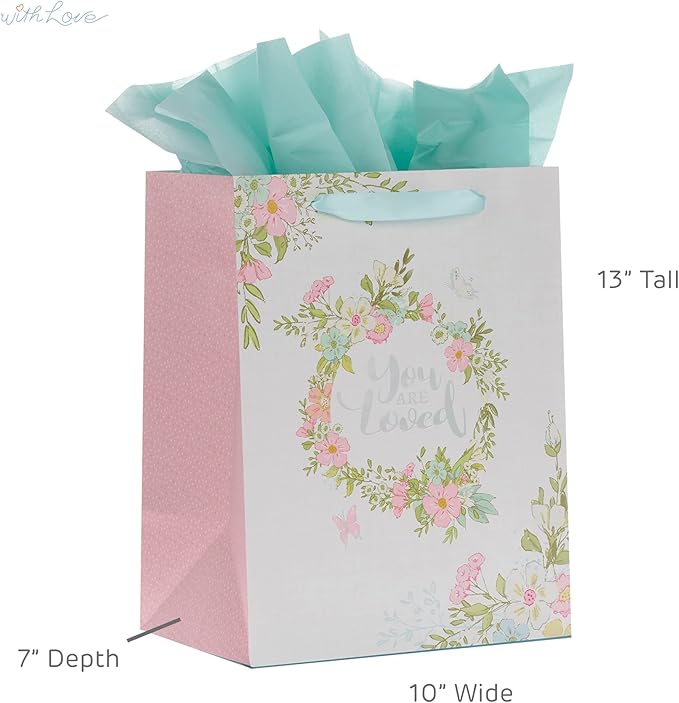 WITH LOVE Women's Flowery Wreath Gift Bag w/Card & Blue Tissue Paper: You Are Loved, White w/Pastel Pink & Blue Florals, Gift Idea for Family & Friends, Large Portrait 13" x 10" x 7"