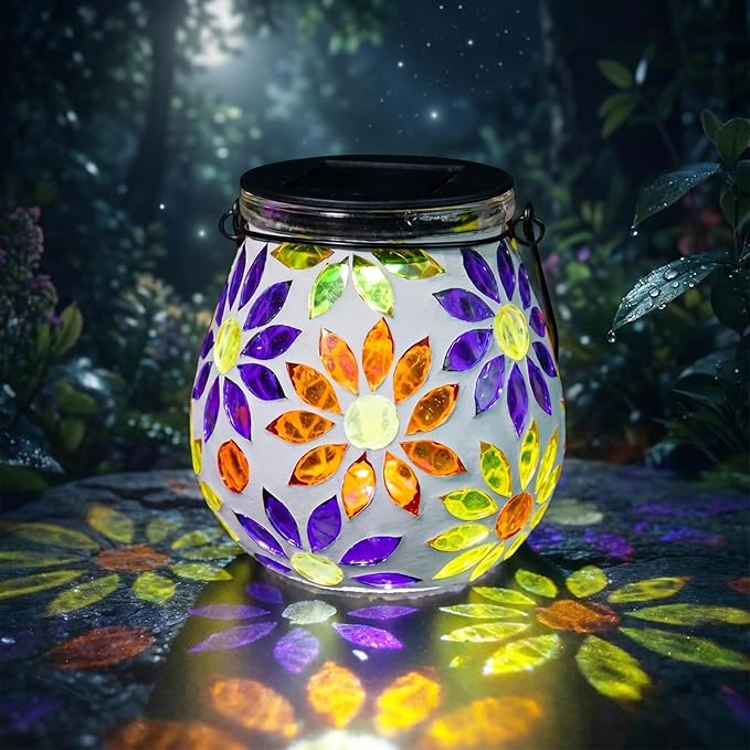 Afirst Mosaic Solar Lanterns Outdoor - Glass Hanging Solar Lights Hollow Out Waterproof Table Lamp Outdoor Decorative for Garden, Patio, Holiday Party Outdoor Decoration