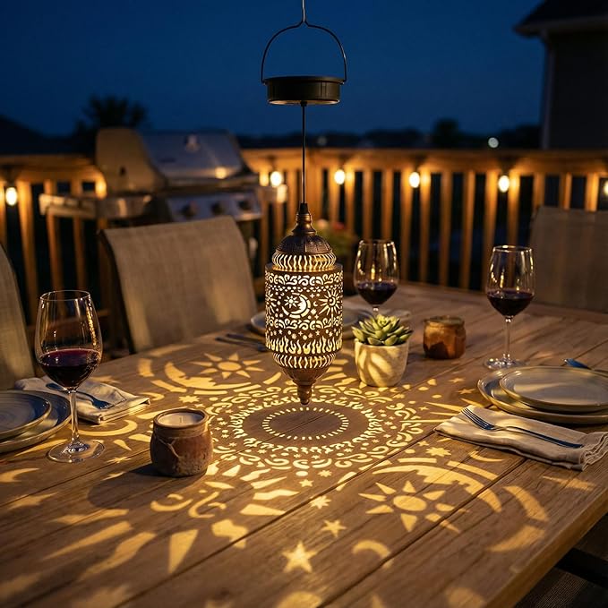 Hapjoy Moroccan Hanging Solar Lights Outdoor Garden Decor Sun and Moon Decorations Solar Lantern Waterproof for Patio Pathway Yard Backyard Garden Decorative (Cylinder, 2)