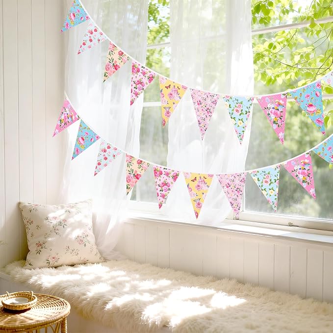 jijAcraft 4 Pack Tea Floral Party Bunting Banners - Pre-Strung Vintage Floral Triangle Pennant Banner, Wildflower Garland Tea Party Decorations for Spring Party Baby Shower Bridal Shower Mother's Day
