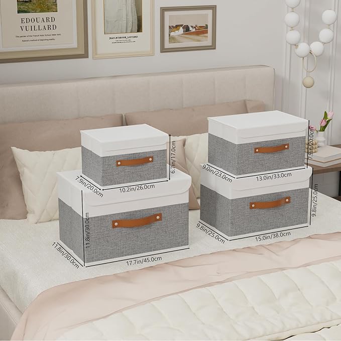 Yawinhe Collapsible Storage Bins, Stackable Boxes with Lids, Cube Clothes Organizer Basket with Handles for Home, Grey and White, 10.2x7.9x6.7 In, 3-Pack, SNK024WGN-3