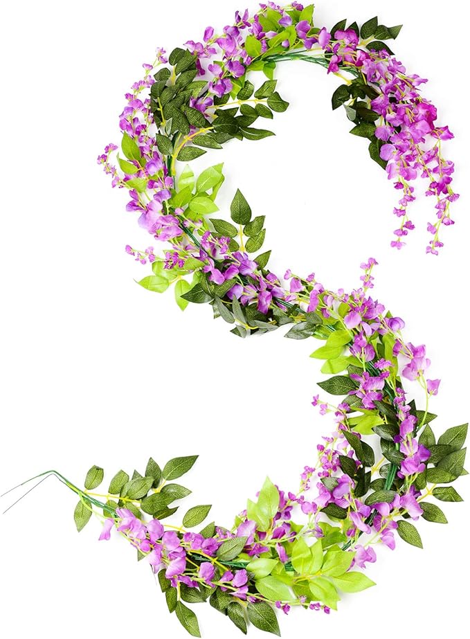 Lvydec Wisteria Artificial Flowers Garland, 4 Pcs Total 28.8ft Artificial Wisteria Vine Silk Hanging Flower for Home Garden Outdoor Ceremony Wedding Arch Floral Decor (Purplish Red)