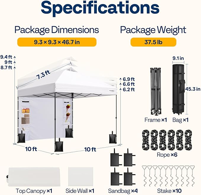 VIVOHOME 10x10ft Pop Up Canopy Tent with Sidewall and 6 Pockets, One Push Setup Outdoor Portable Shelter Tent Heavy Duty with Wheel Carry Bag and 4 Sandbags, White