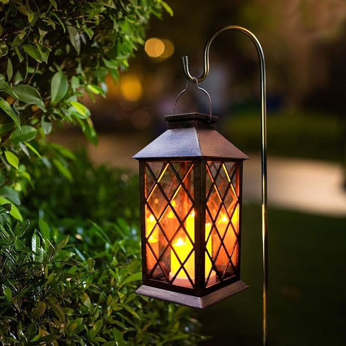 Solar Outdoor Lantern, Garden Hanging Waterproof Lanterns PVC Upgrade 3 LED Flickering Flameless Candle Decorative for Garden Women Mom Grandma Halloween Gifts (Grid Candle)