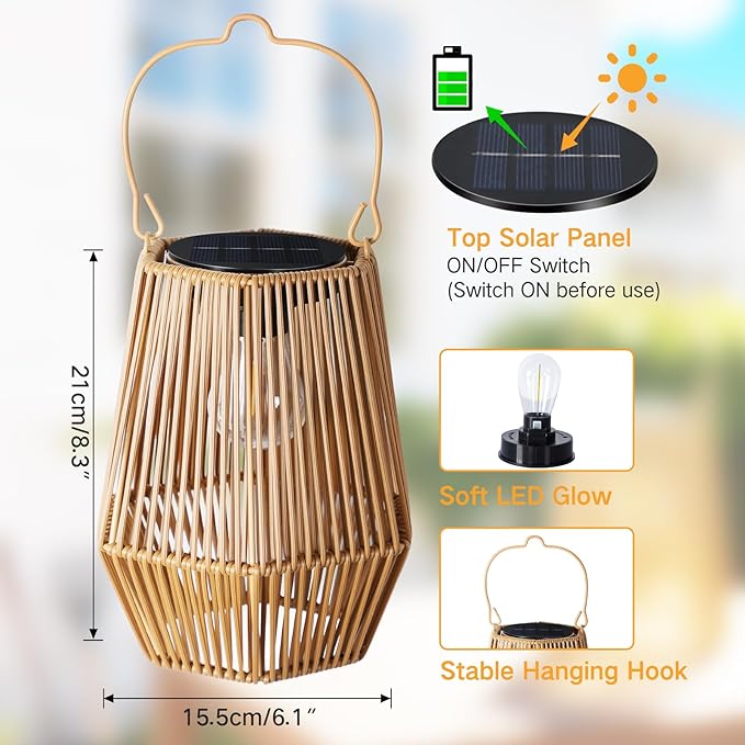 2 Pack Solar Lanterns Outdoor Waterproof, Hanging Rattan Woven Solar Lights with Auto On/Off, Decorative Gifts for Garden, Yard, Patio, Tree, Porch, Lawn, Pathway, Outside Tabletop Decor