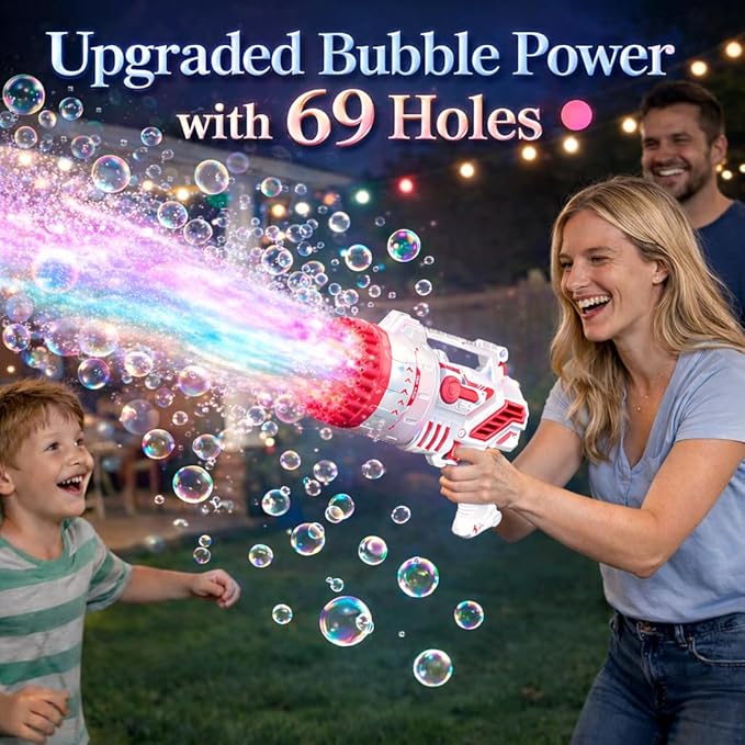 Bubble Gun for Kids, 69-Hole Bubble Machine with LED Lights, 69 Hole Bubble Blaster Blower, for Ages 3+, Summer, Birthday, Party Wedding Outdoor (Pink)