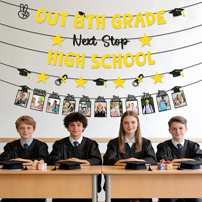 8th Grade Graduation Decorations - 5PCS out 8th Grade Graduation Glitter Banners Photo Banner Decor 2026, Black Gold Middle School Congrats Grad Party Supplies (No-DIY)