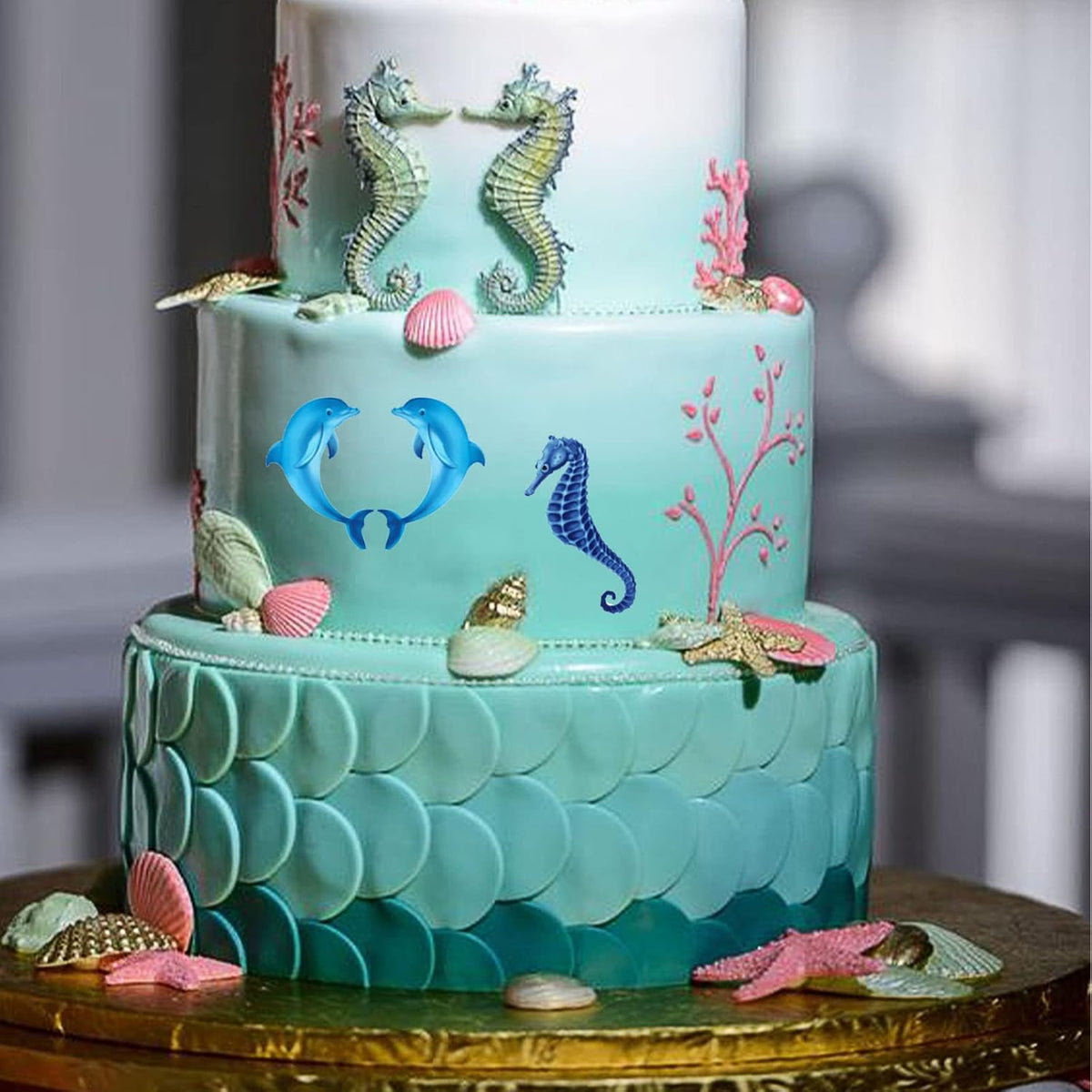 Memovan Marine Theme Silicone Fondant Mold 4pcs Under the Sea Cake Mold Hippocampus Seaweed Sea Fish Crab Coral Conch Sea Shell Silicone Chocolate