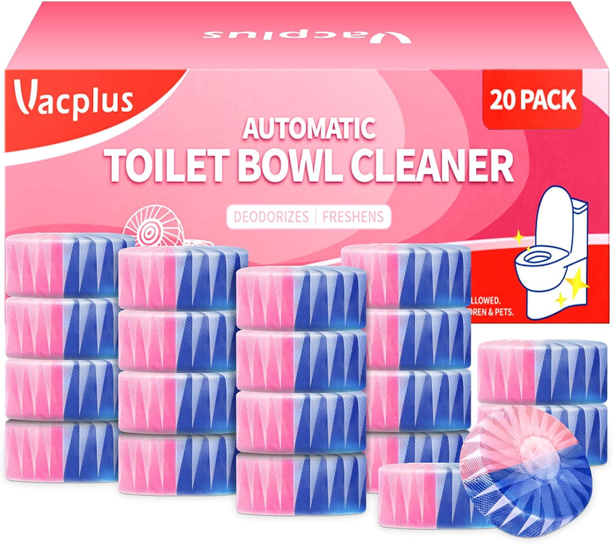 Vacplus Toilet Bowl Cleaners - 20 Pack Long-Lasting Toilet Cleaner Tablets, Prevent Stains & Deodorize, Blue & Pink