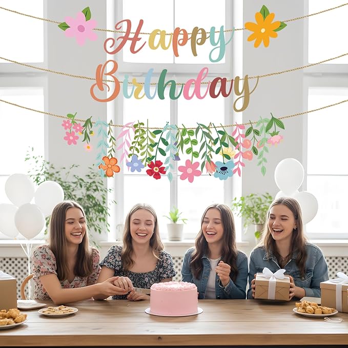 Flower Birthday Decorations, 3PCS Floral Birthday Party Banners Garland Decor No-DIY, Wildflowers Garden Themed Party Supplies Decor for Women