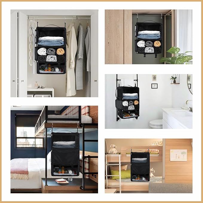 Surblue Hanging Shelves Travel Storage Bag Compression Packing Cube for Suitcase Portable Closet Organizer Collapsible with Extension Layer Large Capacity,Black,XXL