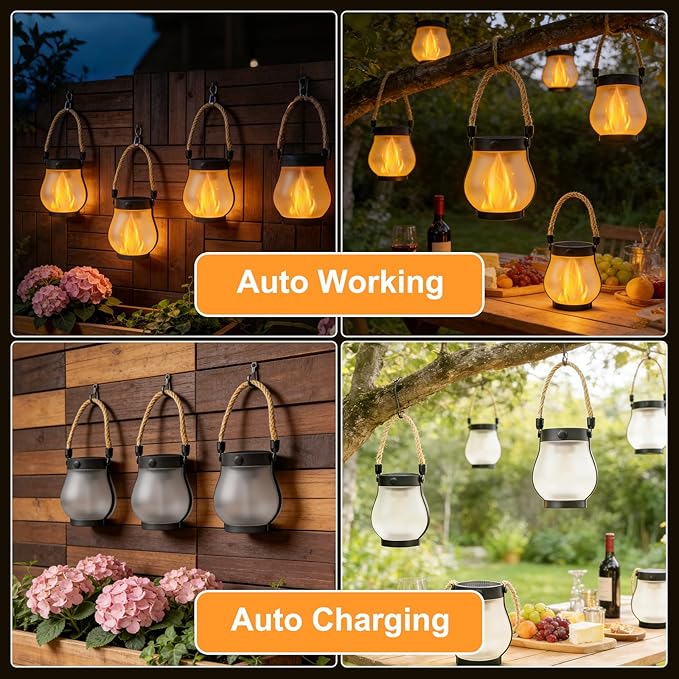 2Pack Solar Lantern Outdoor Lights, Waterproof Garden Lights with 2 Modes Dual Charging USB, Flickering Flame Hanging Lanterns Outdoor for Outside Porch Yard Garden Patio Decor
