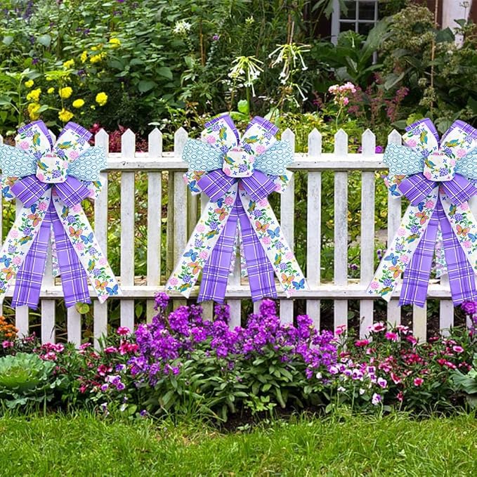 Spring Floral Wired Edge Ribbon, 2.5 Inch Wide Purple Rose Butterfly Burlap Ribbon, 4 Rolls for Mother's Day Summer Wreath Bow Making DIY Crafts Birthday Wedding Wrapping Party Decor Supplies (Purple)