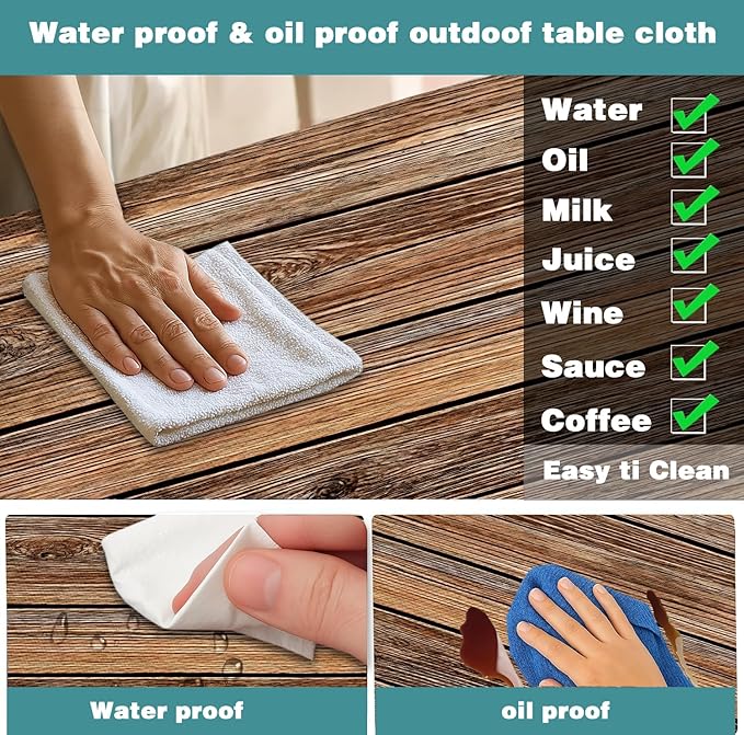 Farmhouse Picnic Table Cover with Bench Covers Camping Essentials Brown Wood Grain Waterproof Windproof Camping Tablecloth Fitted Tablecloth Cover with Elastic Edge for Indoor Outdoor 3 PCS 30x60 Inch