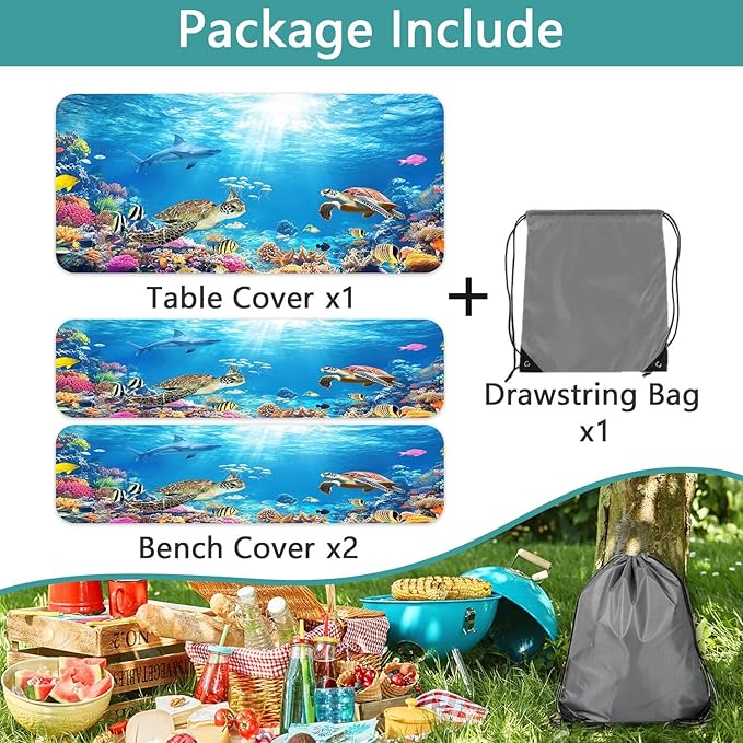 Ocean Animals Picnic Table Cover with Bench Covers, Camping Essentials, Underwater Sea Turtles Waterproof Windproof, Fitted Tablecloth Cover with Elastic Edge, for Garden & Outdoor, 3 PCS, 30x72 Inch