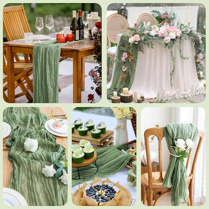 Asee'm 2pcs Cheesecloth Table Runner 120 Inches Sage Green Boho Gauze Cheese Cloth Runner 10FT Rustic Sheer Table Runners for Spring Easter Wedding Baby Shower Holiday Party Decoration