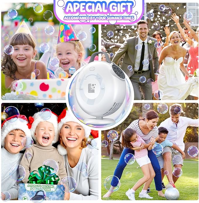 Bubble Machine, Automatic Bubble Blower for Kids Toddlers, 8000+ Bubbles Per Minute, 90° 200° Oscillating Electric Plug-in or Batteries Bubble Maker Toys for Outdoor Birthday Party - Light White