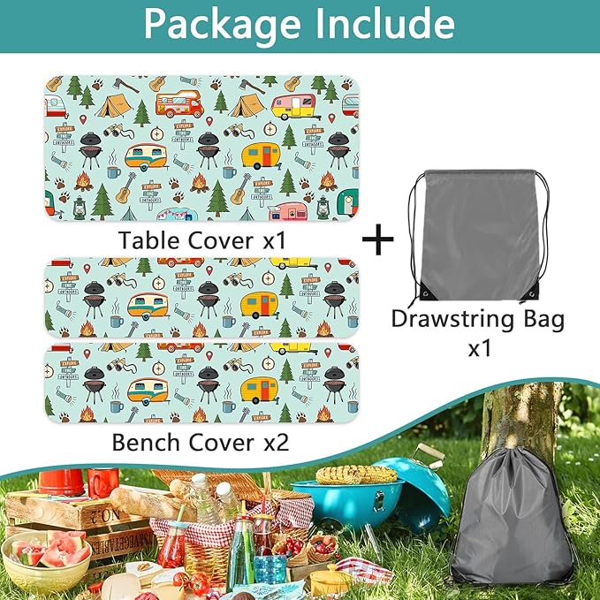 Camping Picnic Table Cover with Bench Covers and Bag, Camping Essentials, Waterproof Windproof Fabric, Fitted Tablecloth Cover with Elastic Edge, for Indoor & Outdoor, Garden, 3 PCS, 30x96 Inch