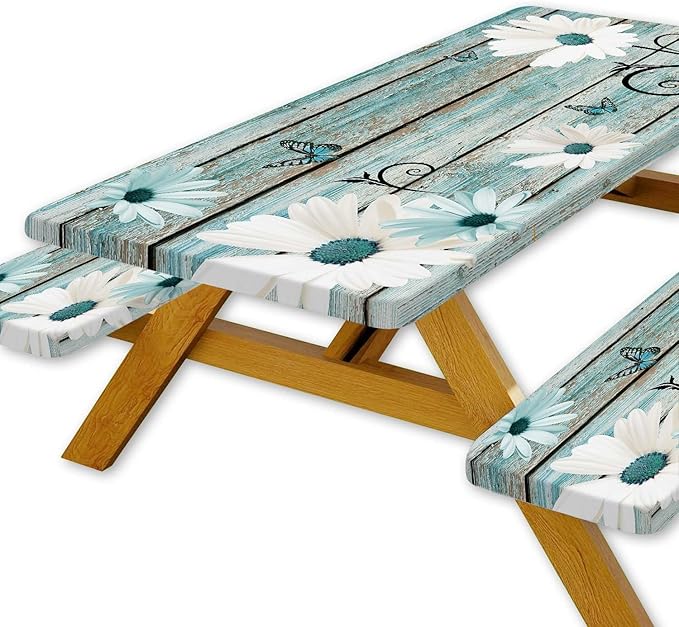 Rustic Daisy Picnic Table Cover with Bench Covers, Waterproof Farmhouse Vintage Floral on Wooden Board Teal Sunflowers Tablecloth for Camping Indoor Outdoor Party Decorations, 30X60in