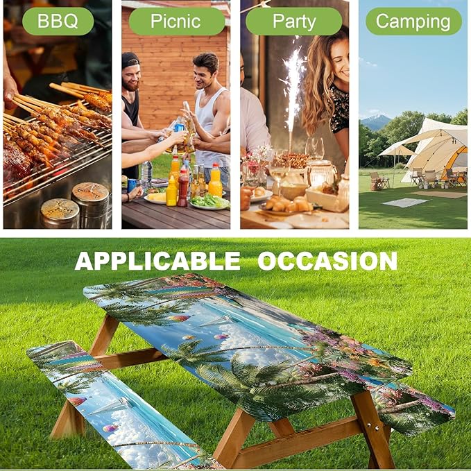 ANNA QUEEN Hot Air Balloon Summer Flower Picnic Table Cover 6FT with Bench Covers Picnic Table Cover Set 3PCS 72"x30", Outdoor Bench and Tablecloth Furniture Protection