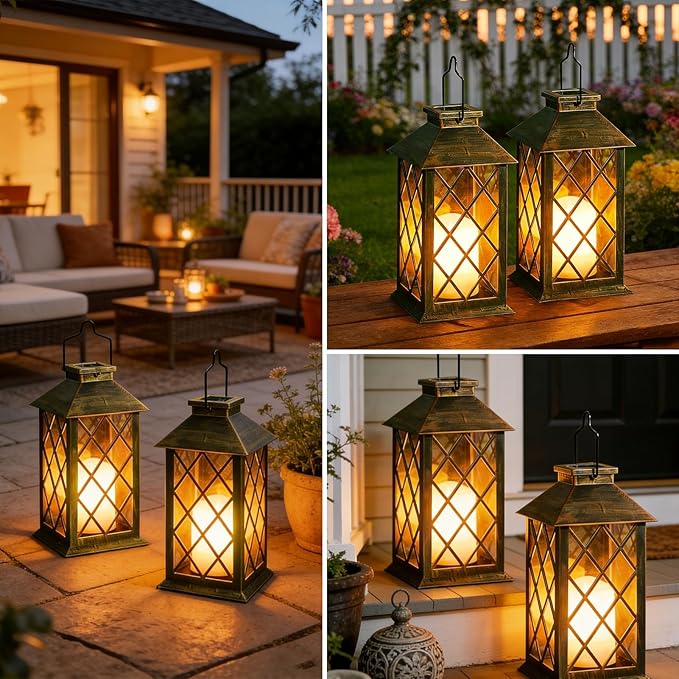 Solar Lanterns Outdoor Waterproof, 2 Pack 9" Glass Hanging Solar Lights with Flickering Flameless Candle, Outdoor Lanterns for Patio Wall Porch Table Garden Yard, Gift for Women Mom - Bronze