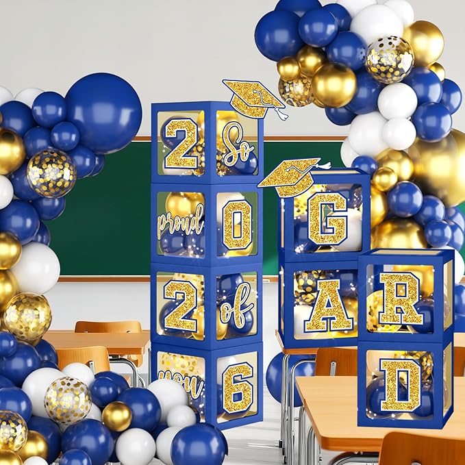 Graduation Decorations Class of 2026,Blue and Gold Graduation Decorations Class of 2026,Blue Balloon Arch Grad Boxes with Letters 2026 So Proud of You Grad 2026 for College Graduation Party Supplies