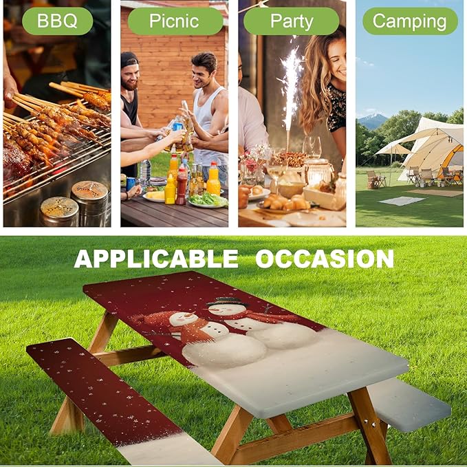 ANNA QUEEN 6FT Christmas Snowman Picnic Table Cover with Bench Covers Picnic Table Cover Set 3PCS 72"x30", Outdoor Bench and Tablecloth Furniture Protection for Camping