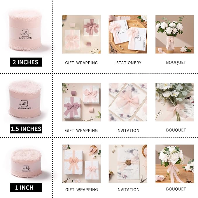 DORIS HOME Pink Chiffon Ribbon for Flower Bouquet, 2" x21Yd Fabric Ribbon for Gift Wrapping, Handmade Frayed Ribbon for Wedding, Chiffon Silk Ribbon for Christmas Decorations