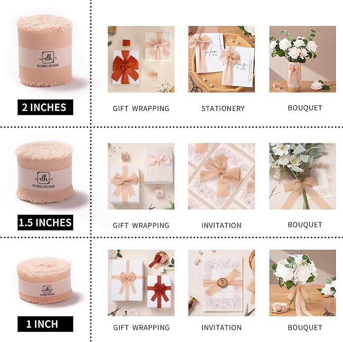 DORIS HOME Nude Pink Chiffon Ribbon for Flower Bouquet, 2" x21Yd Fabric Ribbon for Gift Wrapping, Handmade Frayed Ribbon for Wedding/Christmas Decorations
