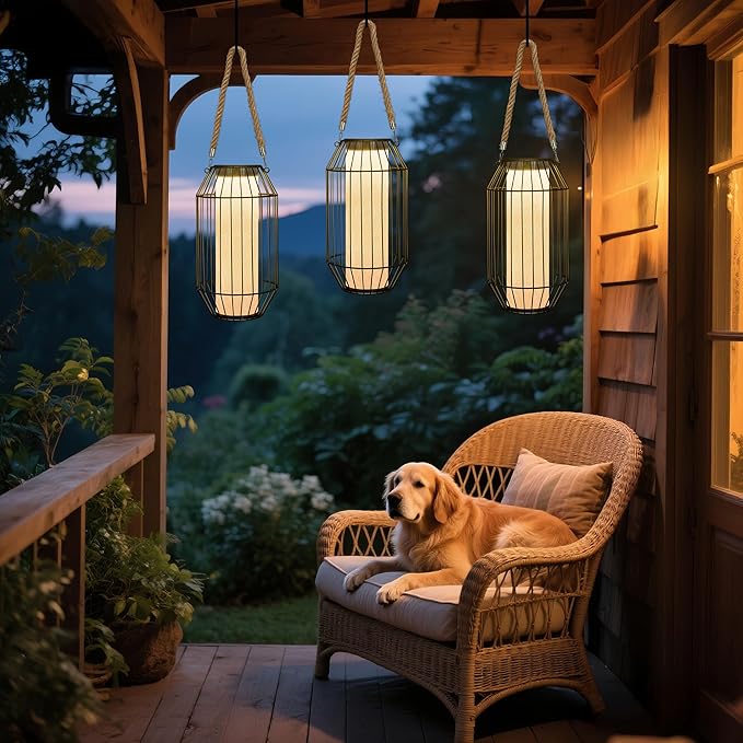 pearlstar Solar Lanterns Outdoor Waterproof Dual Charging (USB/Solar) Hanging Lantern Large Metal Floor Lamp for Patio Table Outside Porch Yard Garden Pool Decor