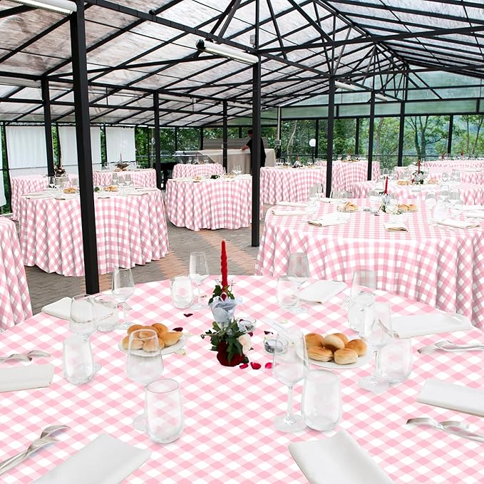 12 Pack Pink Gingham Tablecloth Round, Premium Decorative Disposable Pink and White Checkered Plaid Table Cloths for Parties, Round Party Table Cover for Picnic Farm Birthday Wedding Festivals, 84Inch