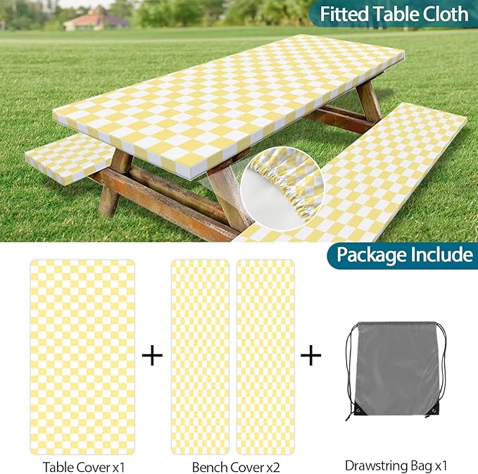 Picnic Table Cover with Bench Covers and Bag, Yellow White Checkered Gingham Buffalo Plaid Camping Tablecloth Waterproof Windproof Elastic Edges Fitted Tablecloths for Outdoor Garden 3PCS 30x72 Inch