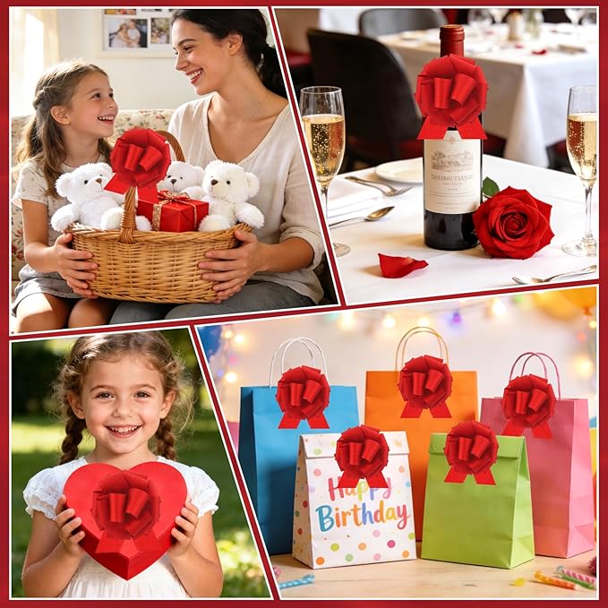 20 pcs Red Pull Bow for Gift Basket Wrapping Xmas Gift Bows Presents Adhesive Wrap Ribbon Bow for Christmas Tree Ornament Wine Bottles Bouquet Flower Valentine's Day Party Decor (Red-L)
