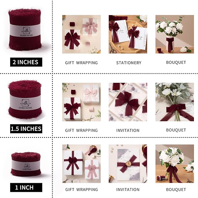 DORIS HOME 2" x21Yd Chiffon Ribbon for Flower Bouquet, Pink & Burgundy Fabric Ribbon for Gift Wrapping, Handmade Frayed Ribbon for Wedding, Chiffon Silk Ribbon for Christmas Decorations