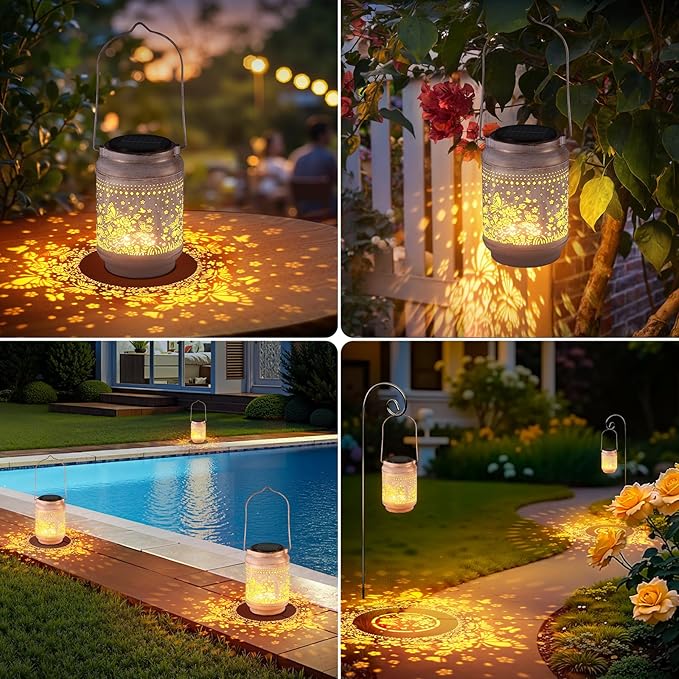 KOOPER 2 Pack Solar Lanterns Outdoor Waterproof Mothers Day Gifts for Women Mom Grandma, Metal Butterfly and Rose Hanging Solar Lantern Outdoor, 2 Modes Outdoor Decoration for Yard, Patio, Garden
