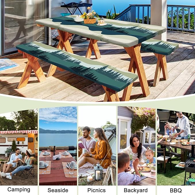 Picnic Table Cover with Bench Covers Portable Table Cloth Built-in Storage Pocket Fitted Tablecloth with Elastic Edges Waterproof Camping Essentials for Indoor Outdoor Rv,96in,Green Blue