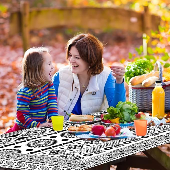Picnic Table Cover with Bench Covers Vinyl Elastic Edges Fitted Rectangle Tables Seat Waterproof 3-Piece96X30in Set Outdoor Rectangular Folding Backing Tablecloth for Camping Over Size BlackGeometrics