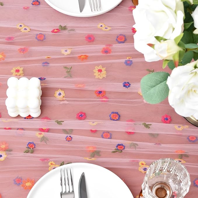 Joanlody Blushing Pink Embroidery Daisy Mother's Day Table Runner Florals Seasonal Easter Tulle Table Runner Holiday Kitchen Dining Table Decoration for Home Party Indoor