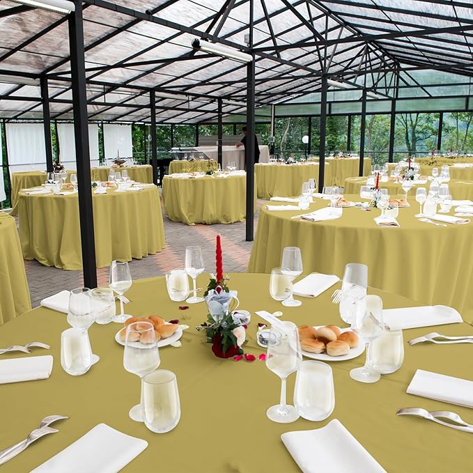 16 Pack Gold Plastic Tablecloth for Round Tables, Premium Decorative Gold Disposable Table Cloths for Parties, Bulk Round Party Table Cover for Birthday Wedding Anniversary Graduation, 84 Inch
