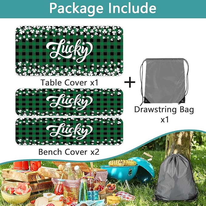 St. Patrick's Day Picnic Table Cover with Bench Covers, Camping Essentials, Buffalo Plaid Shamrock Lucky Outdoor Table Covers, Waterproof, Fitted Tablecloth Cover with Elastic Edge, 3 PCS, 30x72 Inch