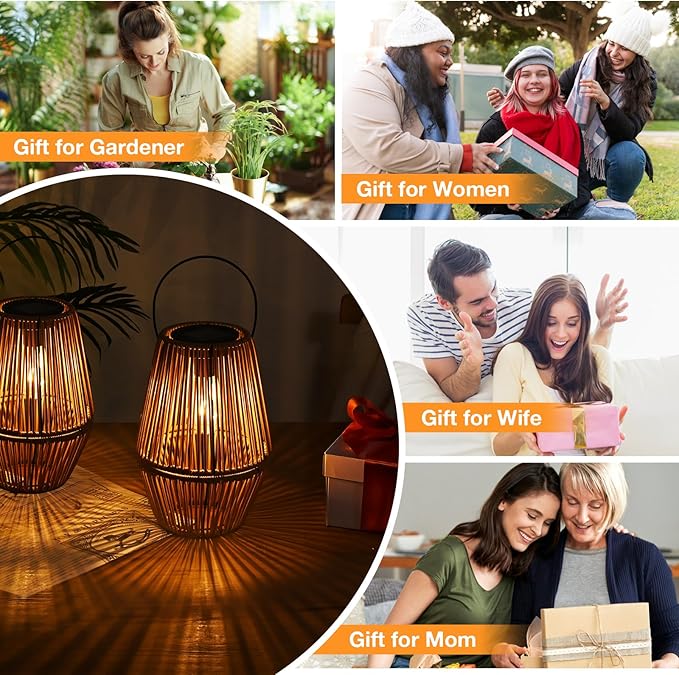 Uspring 2 Pack 3-in-1 Solar Lanterns Outdoor Waterproof Rattan Woven Hanging Solar Lights for Outside with Bright Lamp & LED Bead & 4 Handles, Garden Gifts Decor for Women Mom Patio Yard Porch