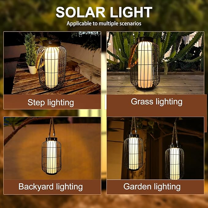 pearlstar Large Solar Powered Lantern Outdoor-Heavy Duty Metal Hanging Lights Decorative Solar Table Lamp Waterproof for Outside Patio Yard Garden Porch Tabletop Decor (Black)