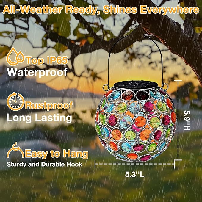 Uspring 2 Pack Crystal Mosaic Solar Lanterns Outdoor Waterproof Decorative Hanging Solar Lights for Outside, Gifts for Women Mom Grandma Garden Decor for Patio Backyard Porch Pathway Lawn Walkway, Red