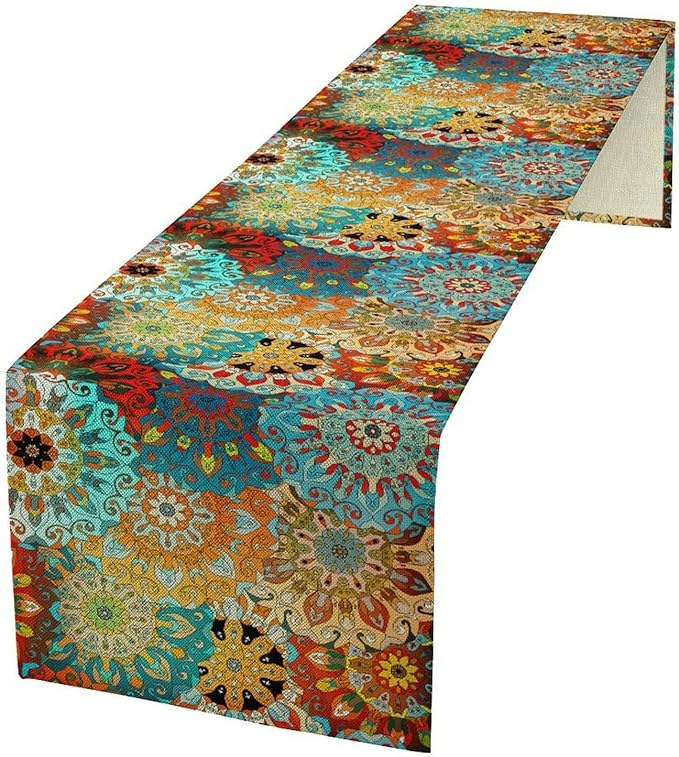 Bohemian Mandala Table Runner, Vintage Colorful Boho Geometric Floral Flower Antique Paisley Rustic Coffee Table Center Decor for Family Kitchen and Living Room Outdoor Table Decorations, 13"x90"
