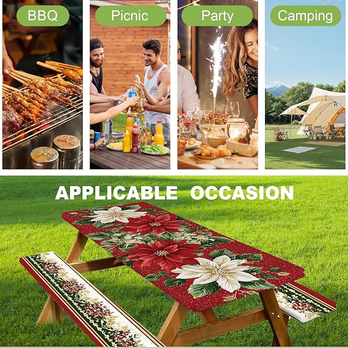ANNA QUEEN 6FT Christmas Picnic Table Cover Set 3PCS 72"x30", Waterproof Outdoor Bench and Tablecloth Furniture Protection for Camping Beach BBQ Patio Backyard