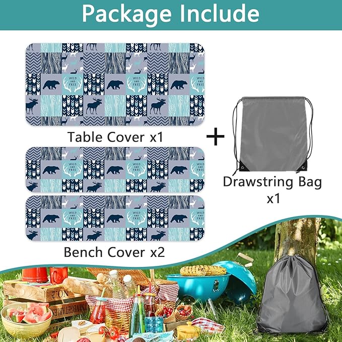 Picnic Table Cover with Bench Covers, Camping Essentials, Rustic Cabin Deer Bear Stripes Waterproof Windproof Patio Table Cover, Fitted Tablecloth Cover with Elastic Edge for Outdoor 3 PCS 30x60 Inch