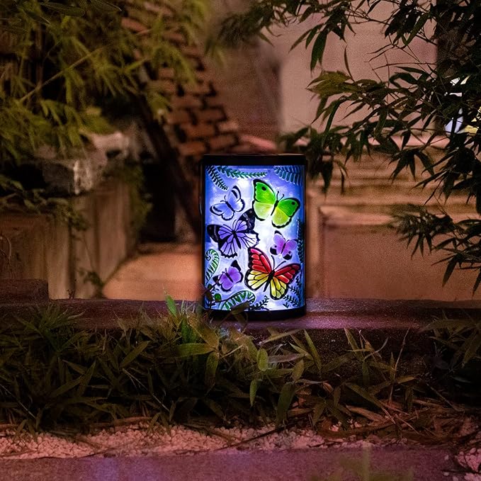 Afirst Hanging Solar Lantern - Decorative Outdoor Glass Solar Butterfly Lights Waterproof Led Tabletop Lamp for Garden Yard Patio Decor