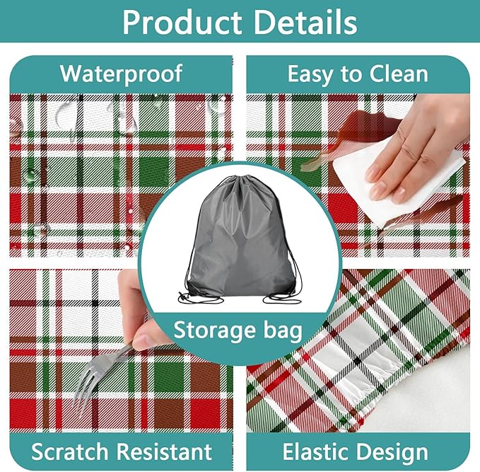 Red Green White Plaid Picnic Table Cover with Bench Covers and Bag, Camping Essentials, Water Resistant Windproof, Fitted Tablecloth Cover with Elastic Edge, for Indoor & Outdoor 3 PCS, 30x72 Inch